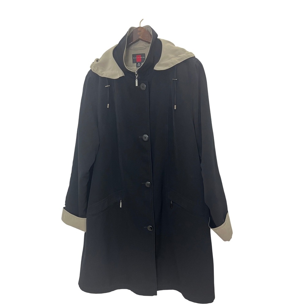 Gallery Hooded Rain Coat Womens XL Black Good Long Sleeve Full Zip Button Front